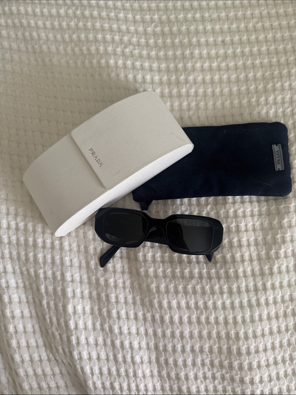 Prada Black Rectangular Sunglasses with White Case
